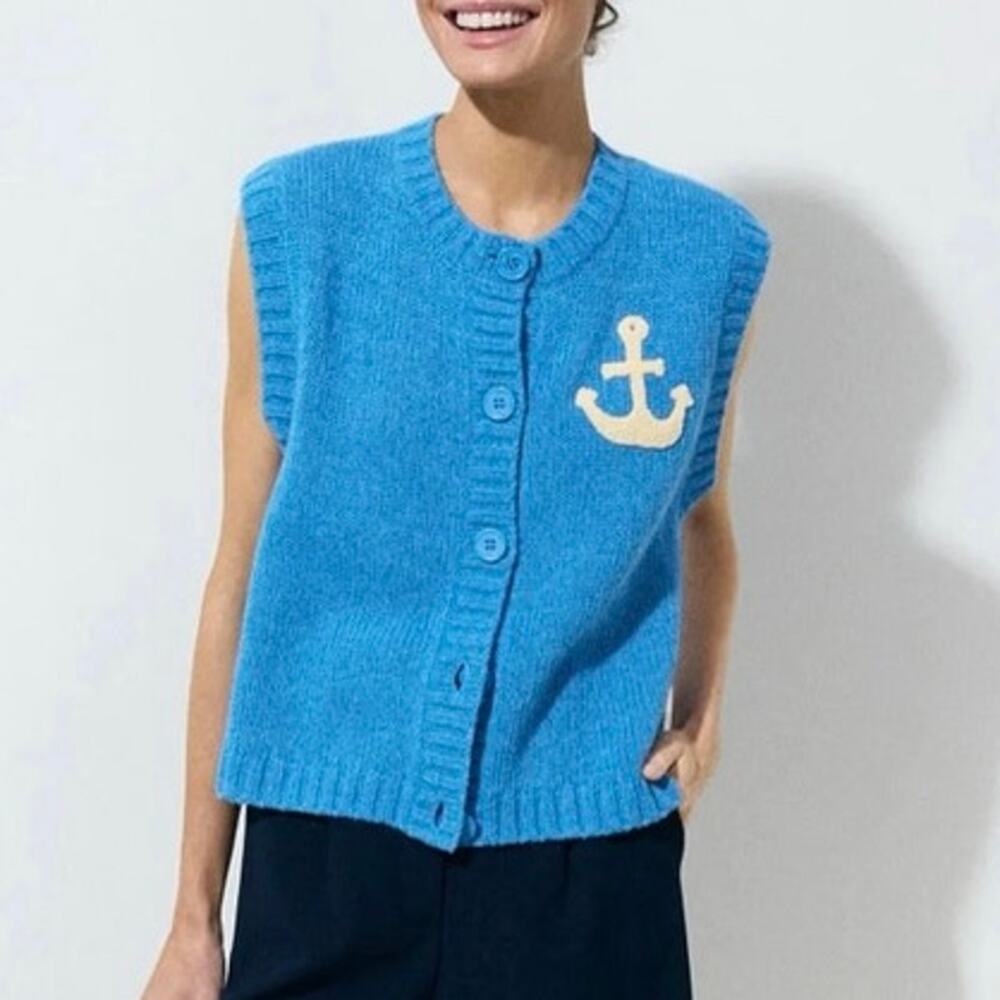 Stella Nova blue Anchor Vest sleeveless cardigan sweater XS